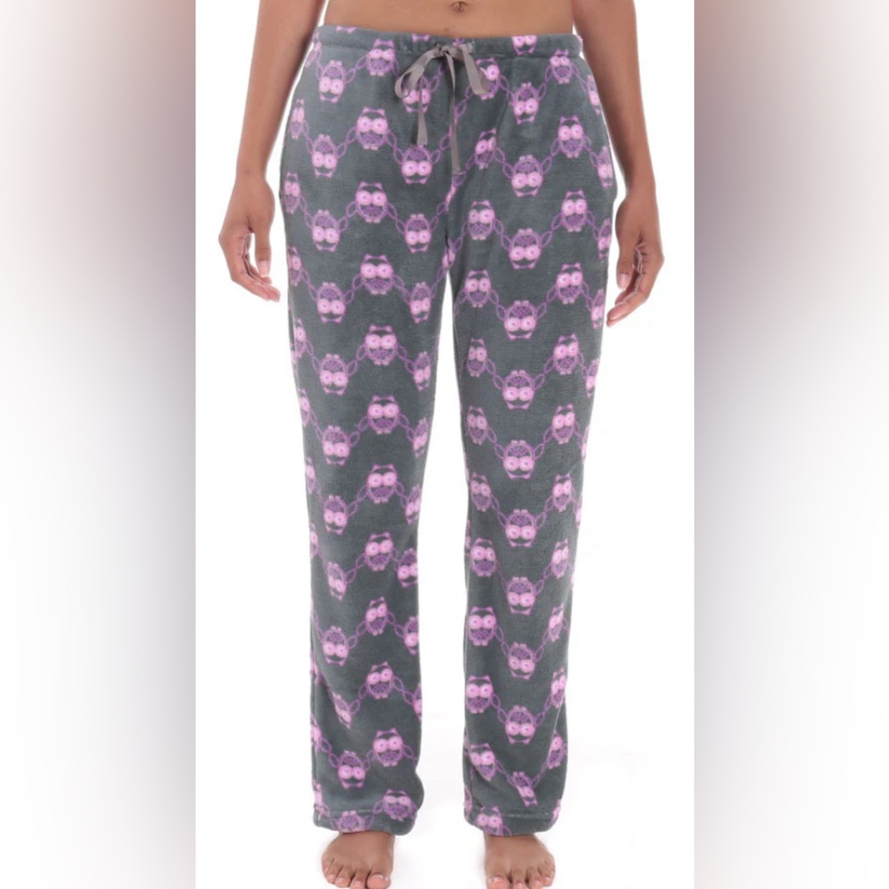 Noble Mount Women's Premium Coral Fleece Plush Lounge Pants- Gray/Pink Owl Print